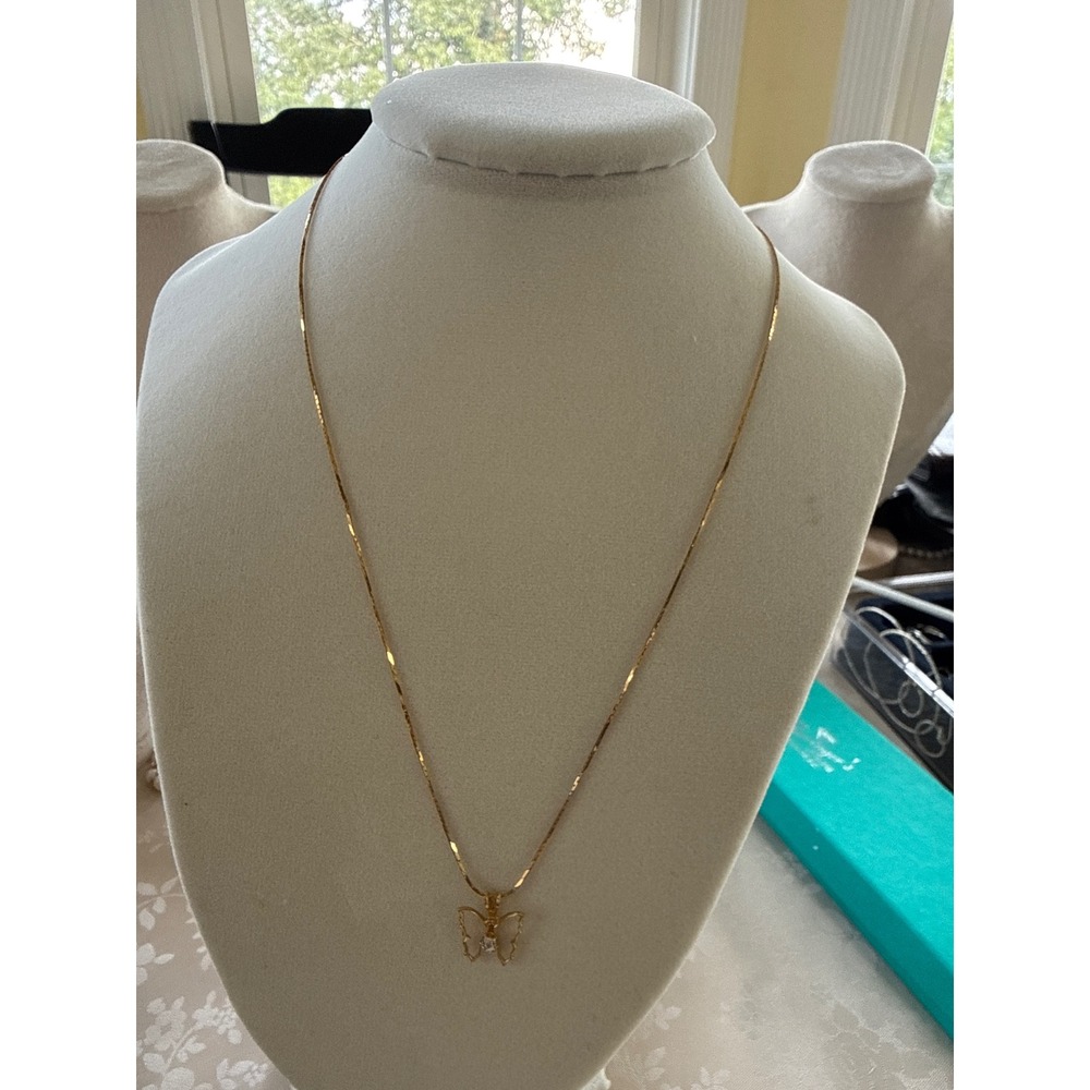 Gold Tone Butterfly Pendant Necklace Clear Stone Herringbone Chain